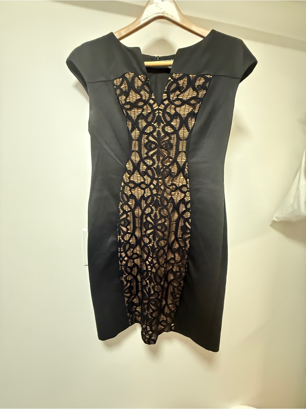 connected apparel Black Dress with Beige Lace-Overlay Midi